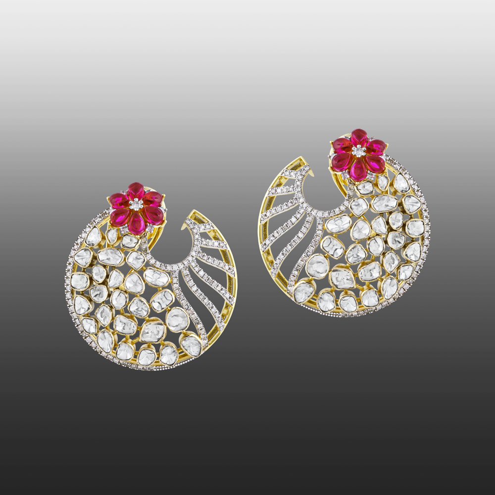 Circular Polki Earrings with Red Flower and Diamonds